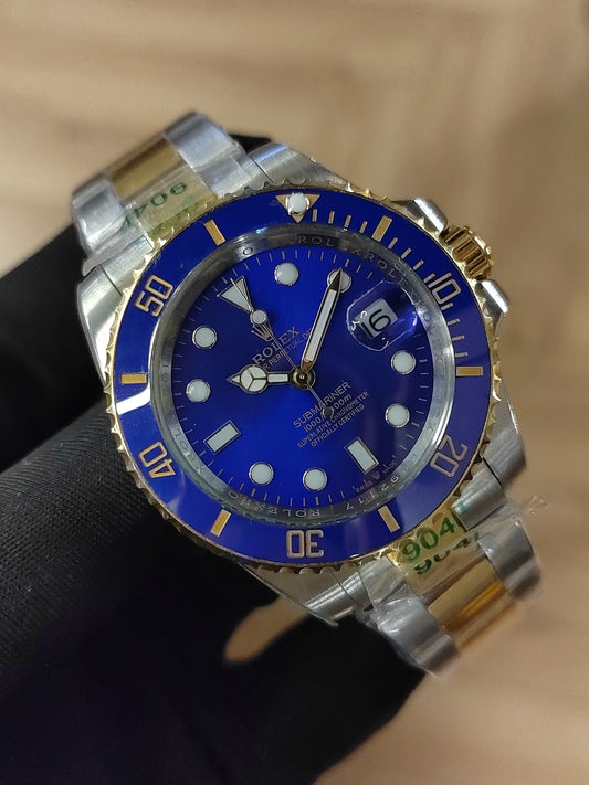 ساعة سبمارين - فضي مع ذهبي مينا زرقاء