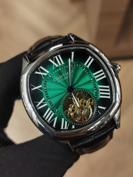 ساعة سوار جلد اوتوماتيك اصدار حديث - مينا خضراء