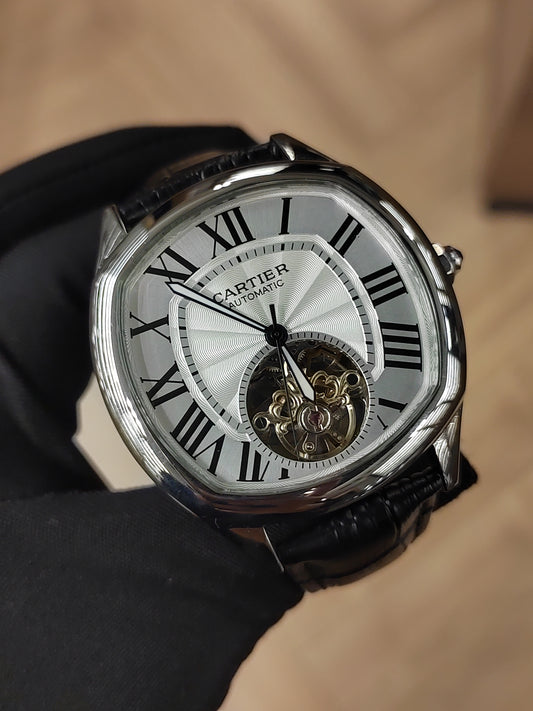 ساعة  سوار جلد اوتوماتيك اصدار حديث - مينا بيضاء