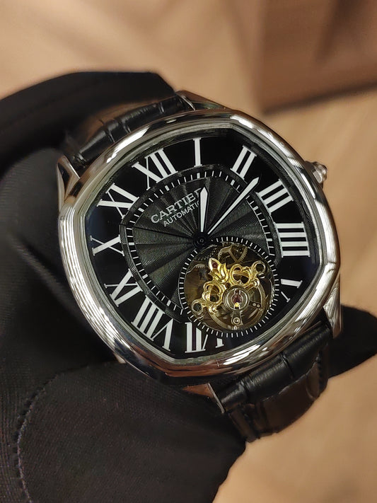 ساعة سوار جلد اوتوماتيك اصدار حديث - مينا سوداء