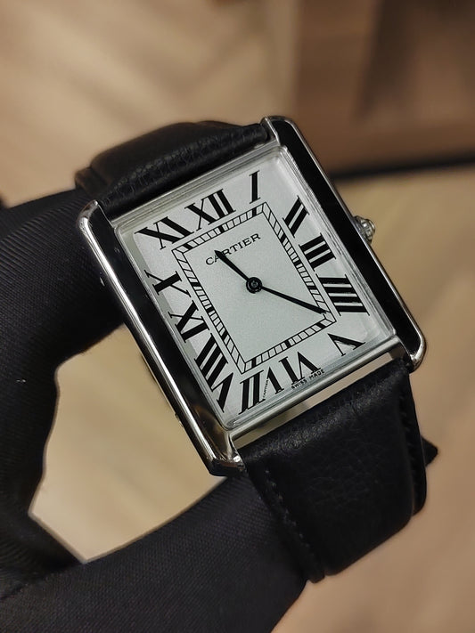 ساعة تانك سوار جلد - مقاس لارج فضي